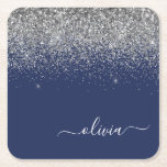 Posavasos Cuadrado De Papel Purpurina azul de la Marina Plata Monograma Girly<br><div class="desc">Purpurina de espuma azul y plateado de la Marina Guión Monograma Nombre de las tiras de papel. Esto hace que la graduación perfecta, el cumpleaños, el boda, la ducha de novia, el aniversario, la ducha de bebé o la fiesta de soltera sea un regalo para alguien que ama el lujo...</div>