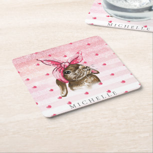 Posavasos Cuadrado De Papel Purpurina de conejito pintado a mano Personalizado