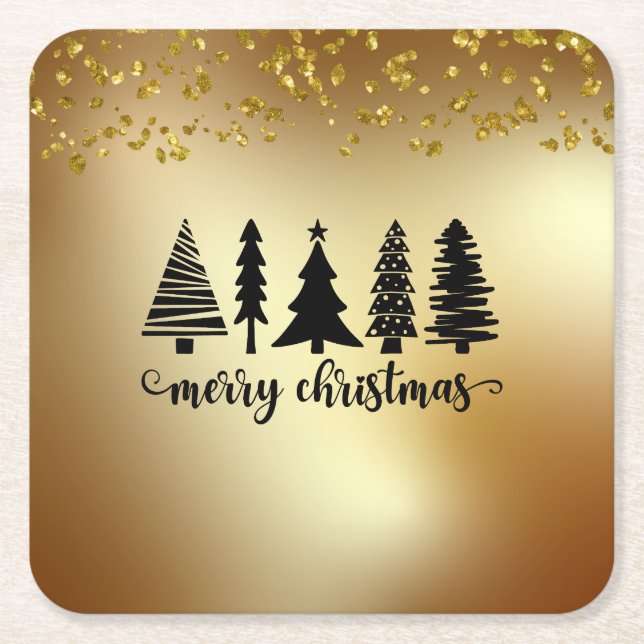 Posavasos Cuadrado De Papel Purpurina de oro Árbol de navidad merry (Anverso)
