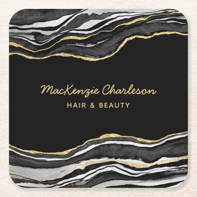 Posavasos Cuadrado De Papel Purpurina de oro de Black Marble Agate (Anverso)