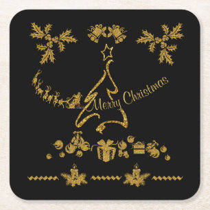 Posavasos Cuadrado De Papel Purpurina de oro Feliz Navidad, Santa Claus