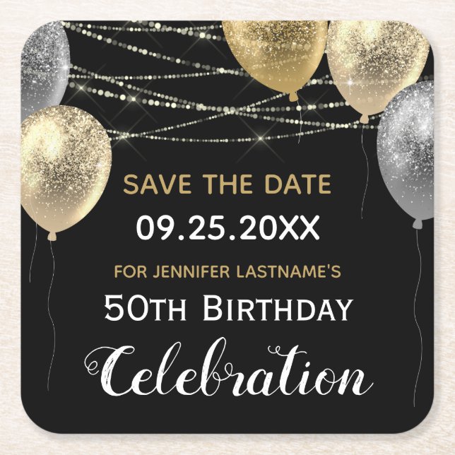 Posavasos Cuadrado De Papel Purpurina de oro Globos 50 cumpleaños Salven la fe (Anverso)