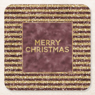 Posavasos Cuadrado De Papel Purpurina de Oro Rojo Sparkle Stripes Navidades