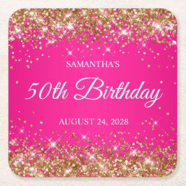 Posavasos Cuadrado De Papel Purpurina de oro y rosa caliente 50 cumpleaños