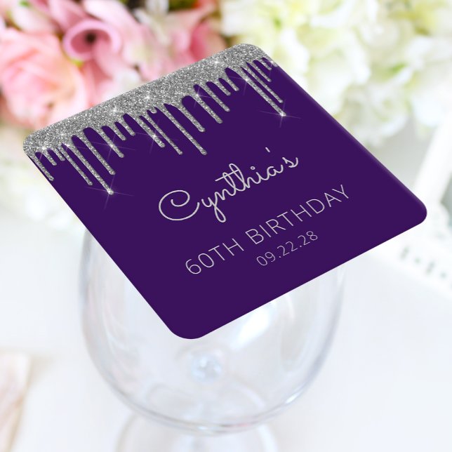 Posavasos Cuadrado De Papel Purpurina de Plata Morada Drip 60 cumpleaños (Subido por el creador)