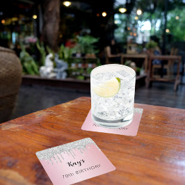 Posavasos Cuadrado De Papel Purpurina de plata rosa gotea nombre cumpleaños