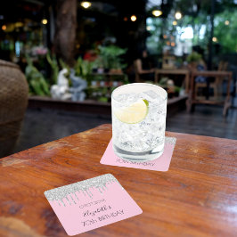 Posavasos Cuadrado De Papel Purpurina de plata rosa gotea nombre cumpleaños