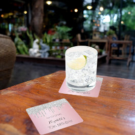 Posavasos Cuadrado De Papel Purpurina de plata rosa gotea nombre cumpleaños