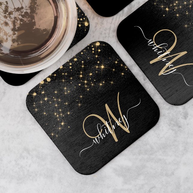 Posavasos Cuadrado De Papel Purpurina Glam Gold Sparkle Elegante Monograma Neg (Subido por el creador)
