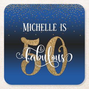 Posavasos Cuadrado De Papel Purpurina Gold Faux 50 y Fabuloso Blue Ombre