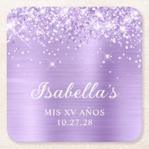 Posavasos Cuadrado De Papel Purpurina Lavanda Foil Mis XV Años