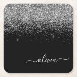 Posavasos Cuadrado De Papel Purpurina negro plateado Script Monograma Nombre d<br><div class="desc">Láminas de papel de Monograma de Purpurina de esparkle negro y plateado. Esto hace que la graduación perfecta, el cumpleaños, el boda, la ducha de novia, el aniversario, la ducha de bebé o la fiesta de soltera sea un regalo para alguien que ama el lujo glam y los estilos de...</div>