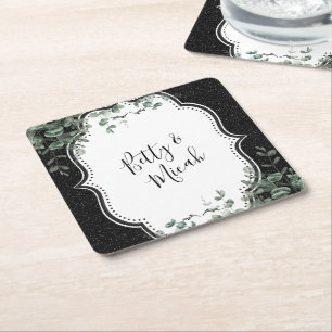 Posavasos Cuadrado De Papel Purpurina negro y eucalipto floral Bouquet
