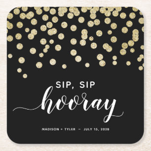 Posavasos Cuadrado De Papel Purpurina negro y oro Sip Sip Hooray Boda de diver
