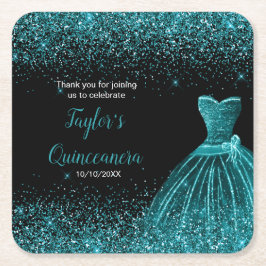 Posavasos Cuadrado De Papel Purpurina Quinceanera Blue Verde azulada Faux