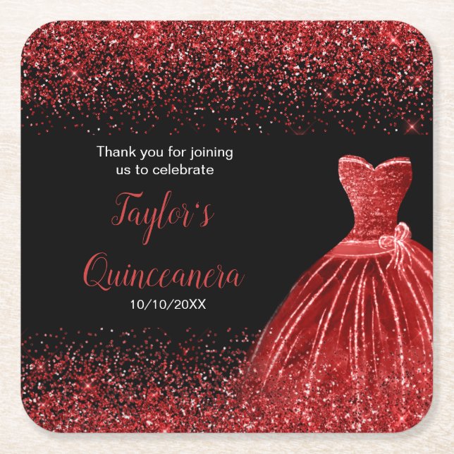 Posavasos Cuadrado De Papel Purpurina Quinceanera Bright Red Faux (Anverso)