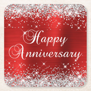 Posavasos Cuadrado De Papel Purpurina Red Relieve metalizado Feliz Aniversario