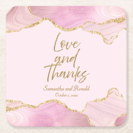 Posavasos Cuadrado De Papel Purpurina Rosa y Oro Agate Amor y Gracias Boda