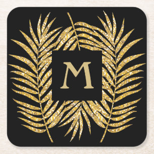 Posavasos Cuadrado De Papel Purpurina Tropical Oro Palm Tree Fronds Decoración