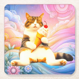 Posavasos Cuadrado De Papel Purrfectly Asleep – Cat Holding Ice Cream Cone