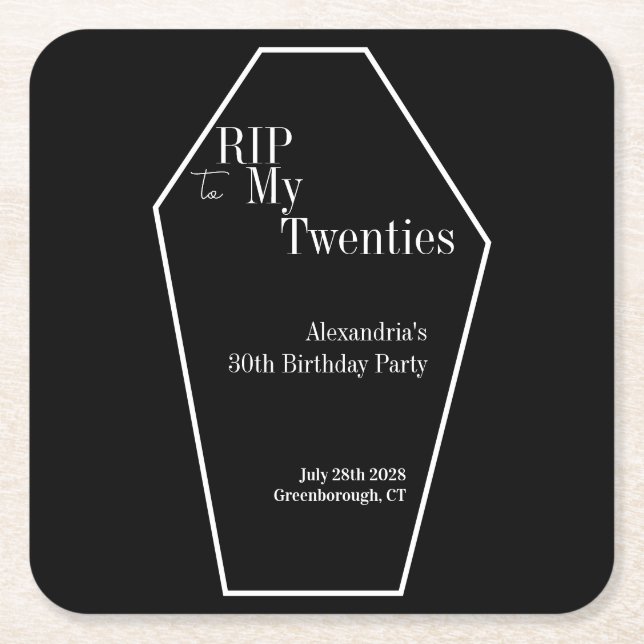 Posavasos Cuadrado De Papel QEPD Fiesta gótica de cumpleaños número 30 negro y (Anverso)