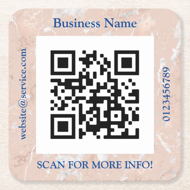 Posavasos Cuadrado De Papel QR Code Bus. Name, Website Promo, Rose Gold Marble (Anverso)