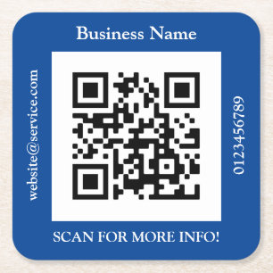 Posavasos Cuadrado De Papel QR Code Business Name, Web Promo, Deep Blue