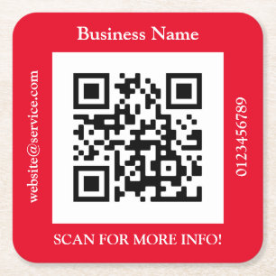 Posavasos Cuadrado De Papel QR Code Business Name, Web Promo, Red