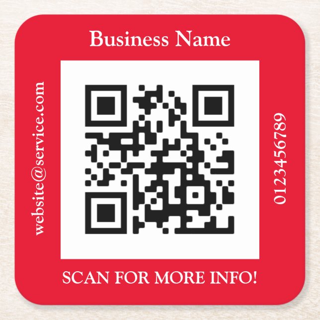 Posavasos Cuadrado De Papel QR Code Business Name, Web Promo, Red (Anverso)