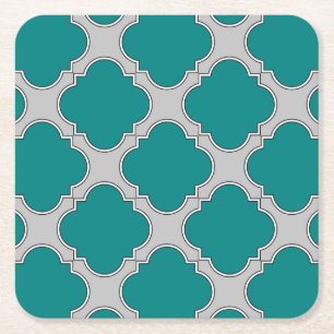Posavasos Cuadrado De Papel Quatrefoil verde azulado y gris
