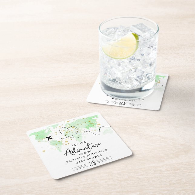 Posavasos Cuadrado De Papel "¡Que comience la aventura!" Baby Shower de mapa d (In situ)