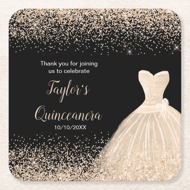 Posavasos Cuadrado De Papel Quinceanera Champagne Faux Purpurina (Anverso)