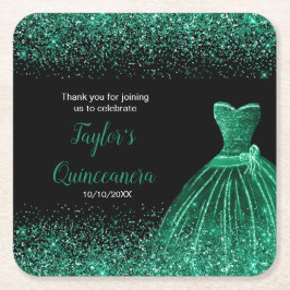 Posavasos Cuadrado De Papel Quinceanera Dark Green Faux Purpurina