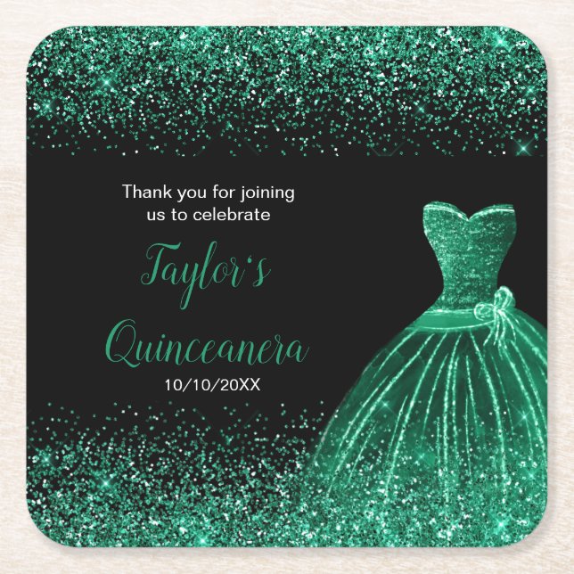 Posavasos Cuadrado De Papel Quinceanera Dark Green Faux Purpurina (Anverso)