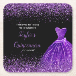 Posavasos Cuadrado De Papel Quinceanera Dark Purple Faux Purpurina