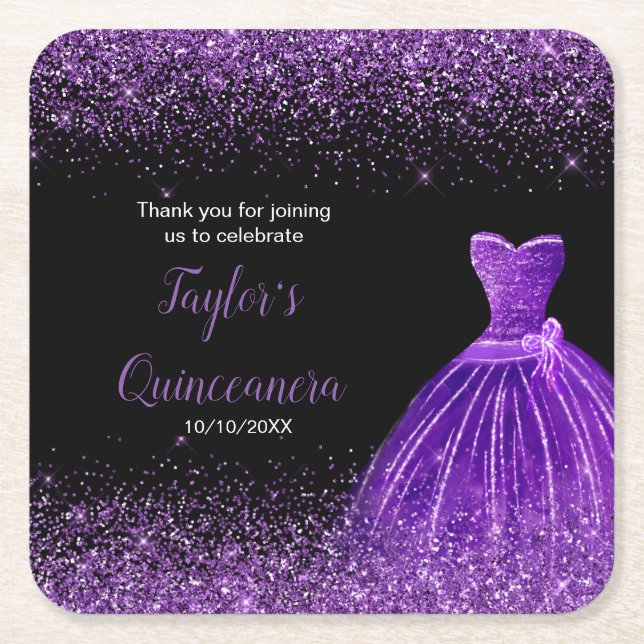 Posavasos Cuadrado De Papel Quinceanera Dark Purple Faux Purpurina (Anverso)