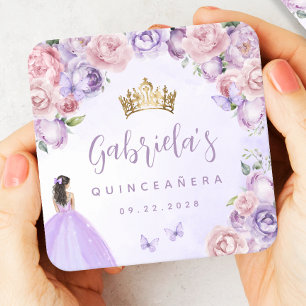 Posavasos Cuadrado De Papel Quinceañera Floral Rubor Púrpura