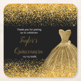 Posavasos Cuadrado De Papel Quinceanera Gold Faux Purpurina