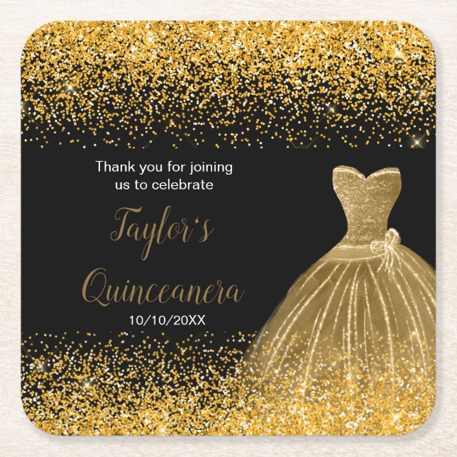 Posavasos Cuadrado De Papel Quinceanera Gold Faux Purpurina (Anverso)