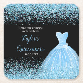 Posavasos Cuadrado De Papel Quinceanera Light Blue Faux Purpurina