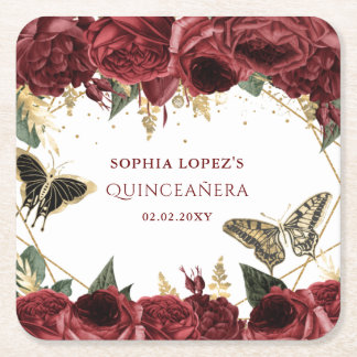 Posavasos Cuadrado De Papel Quinceañera Mariposas Florales Doradas Burgundy