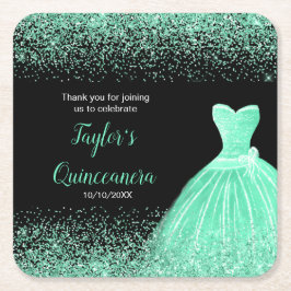 Posavasos Cuadrado De Papel Quinceanera Mint Green Faux Purpurina