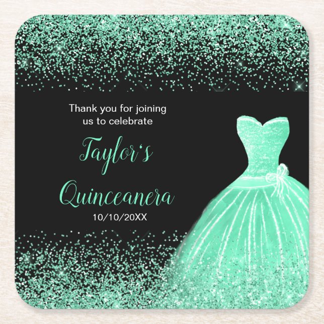 Posavasos Cuadrado De Papel Quinceanera Mint Green Faux Purpurina (Anverso)