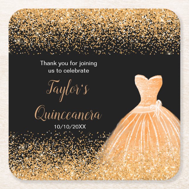 Posavasos Cuadrado De Papel Quinceanera Naranja Faux Purpurina (Anverso)