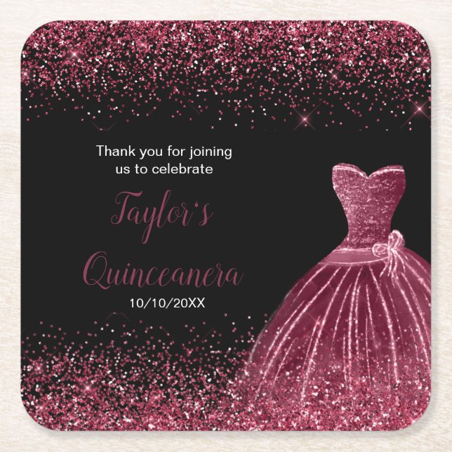 Posavasos Cuadrado De Papel Quinceanera Plum Purple Faux Purpurina (Anverso)