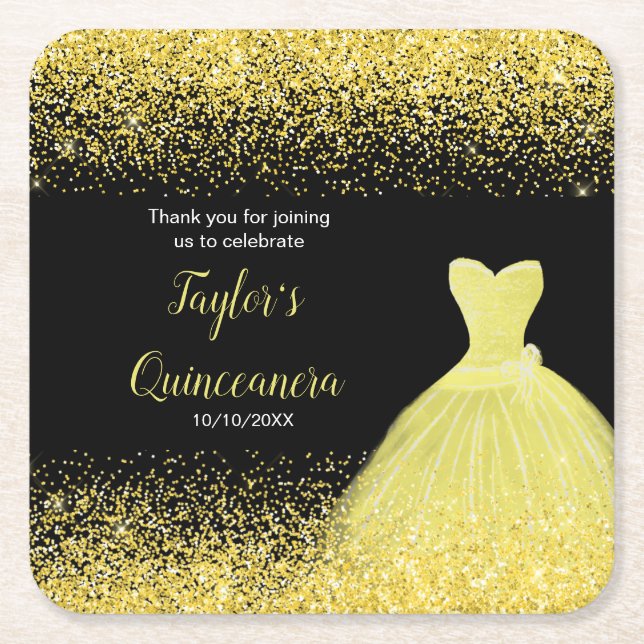 Posavasos Cuadrado De Papel Quinceanera Purpurina de imitación amarillo brilla (Anverso)