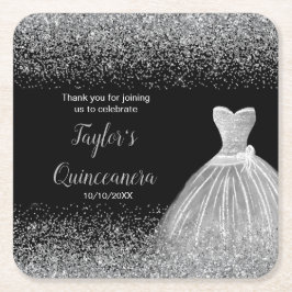 Posavasos Cuadrado De Papel Quinceanera Silver Faux Purpurina