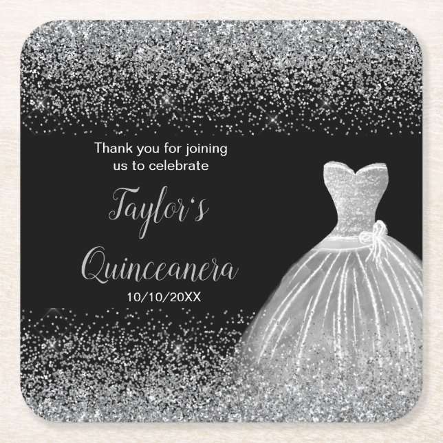 Posavasos Cuadrado De Papel Quinceanera Silver Faux Purpurina (Anverso)