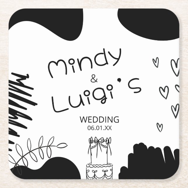 Posavasos Cuadrado De Papel Quirky Doodle Shapes Script Wedding (Anverso)