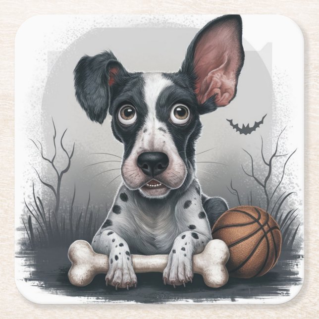 Posavasos Cuadrado De Papel Quirky Halloween Pup: Perro visto con baloncesto (Anverso)